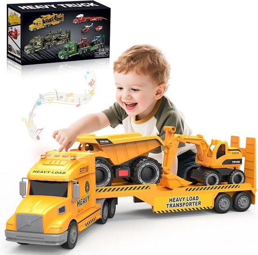 Toddler Toys for 3 4 5 6 Year Old Boys - 27" Large Semi Construction Carrier Truck Toy with Excavator and Dump Truck, 3-in-1 Friction Powered Transport Vehicle with Lights Sounds, Gifts for Boys