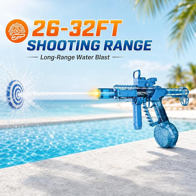 Electric Water Gun, Squirt Blaster Automatic Toy for Kids & Adults, 500cc Large Capacity, 26-32ft Long Range, Rechargeable Battery, Auto-Sync LED Lights, Summer Outdoor Toy for Pool, Beach & Backyard
