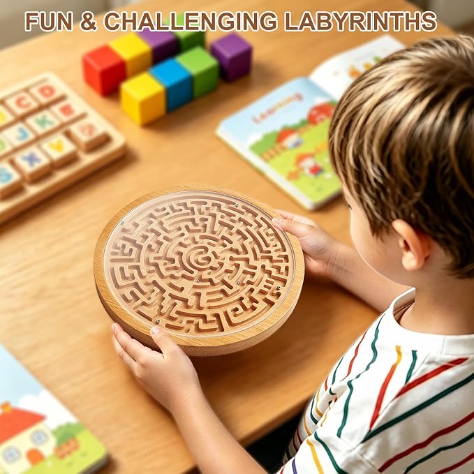 Round Wooden Labyrinth Board Game, Bamboo Handheld Maze with Acrylic Cover & 2 Metal Game Pieces, Educational Brain Teaser Puzzle Logic Game for Kids, Adults, Boys and Girls, Stress Relief Toy