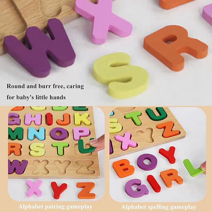 Winbar Wooden Puzzles for Toddlers, Alphabet Shape Puzzles for 3 Years Old | 3 in 1 Wooden Puzzle, Natural Wood Pieces, Smooth surface, Great Gift Idea, Wooden Montessori Toddler, Meets toy standards