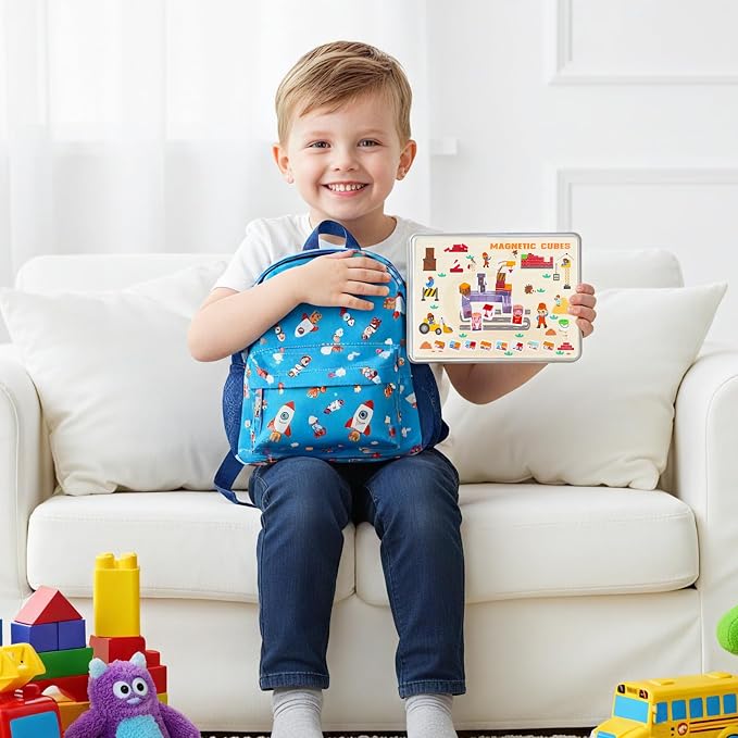 Travel Magnetic Blocks Toys Portable, 40PCS Construction Magnet Building Tiles Road Trip Activities for Toddlers Kids Ages 3-8, STEM Sensory Toys Birthday Gift for Boy
