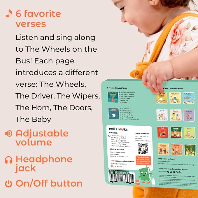 Calis Books The Wheels on the Bus Book - Rechargeable Musical Book, Headphone Jack, Books for 1 Year Old, Musical Book for Toddlers 1-3, Musical Toy Toddlers