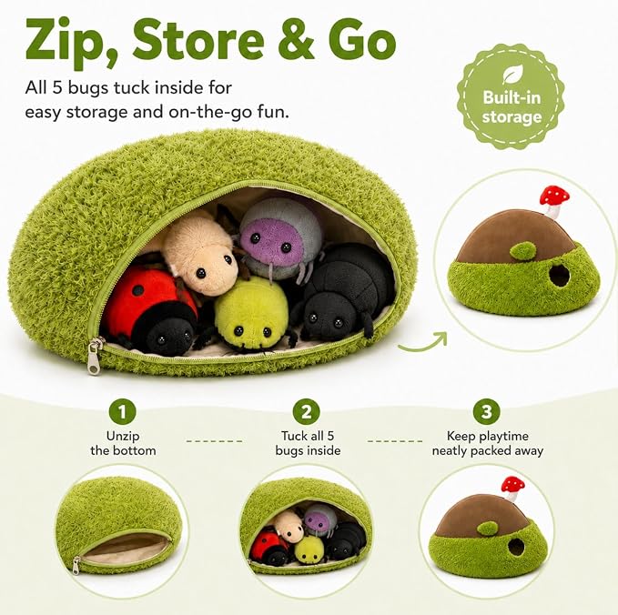 Bug Plush Toy Set, 5 Beetle Stuffed Animals with Dirt Mound Plushie, Hide and Seek Zipper Storage Habitat, Ladybug and Roly Poly Plush Toys, Gift for Kids Insect Lovers, 12 Inch