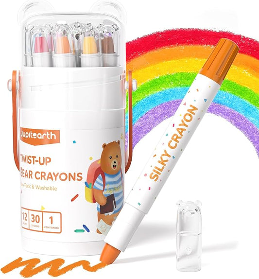 JUPITEARTH 12 Color Twist Crayons for Toddlers 1-3 and Kids 4-8, Non-Toxic Washable Crayons 2-4, Ultra-Silky Easy-Grip Art Supplies, Ideal Coloring Gift for Boys and Girls