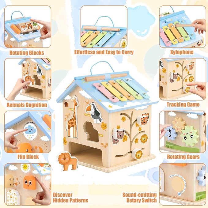 Wooden Activity Cube Montessori Toys for 6 Months Old 1 2 3 Years Toddlers Boys Girls 8-in-1 Baby Activity Center Birthday Gifts Shape Sorter Educational Learning Wood Cube
