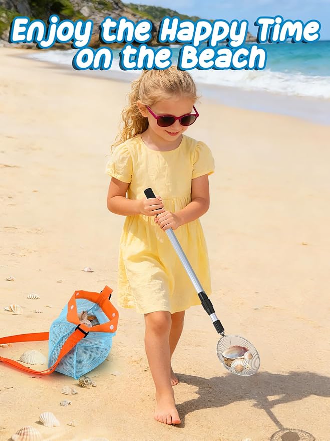 1 Pack Sand Sifter with Seashell Bag- 21.6"~33" Adjustable Shark Tooth Sifter & Sea Shell Bags for Beach Seashell Collecting, Shelling Tools Scooper with Retractable Handle, Beach Toys for Adults Kids