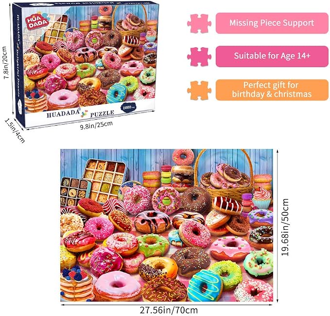 HUADADA Jigsaw Puzzles for Adults 1000 Pieces, Donuts Interlock Perfectly Letter on Back No Dust, Home Decor Birthday Party Gift Toy for Kids Boys Girls Seniors (27.5"x19.6"), 1:1 Poster