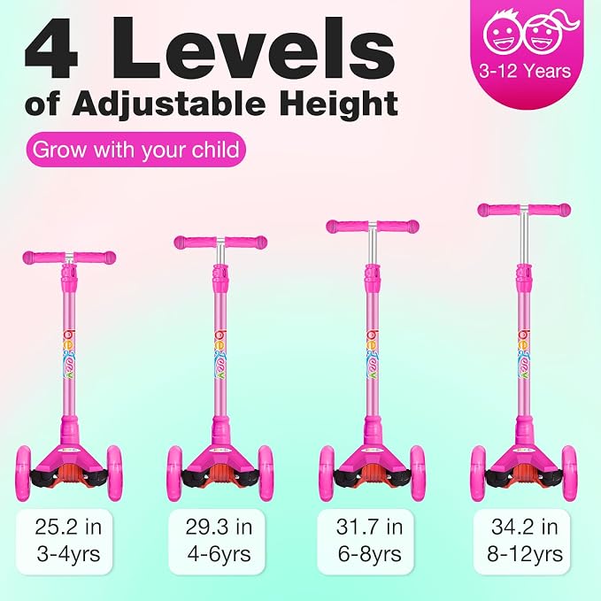 BELEEV Scooters for Kids 3 Wheel Kick Scooter for Toddlers Girls Boys, 4 Adjustable Height, Lean to Steer, Light up Wheels, Extra-Wide Deck, Easy to Assemble for Children Ages 3-12