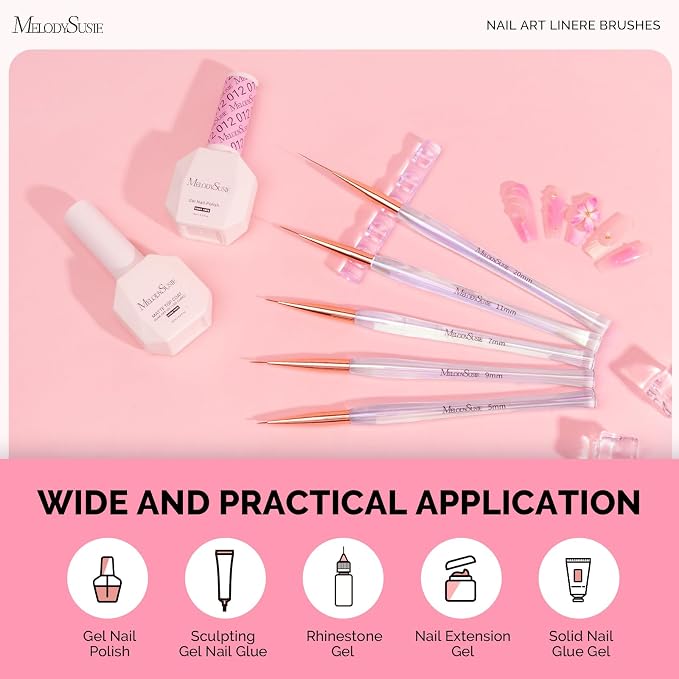 MelodySusie 5Pcs Nail Art Liner Brushes with Nail Brush Holder, Professional Gel Polish Painting Art Design Pen for Thin Long Lines, Tiny Details, Fine Drawing, Delicate Coloring Sizes 5/7/9/11/20mm