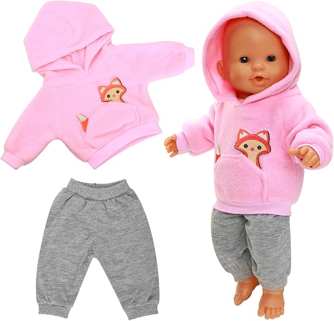 2 Pieces of Baby Doll Clothes for 14-16 Inch Born Baby Doll 1 Pink Hooded Sweatshirt with Grey Sweatpants Cute Outfit for 18 Inch Baby Dolls Clothing Set