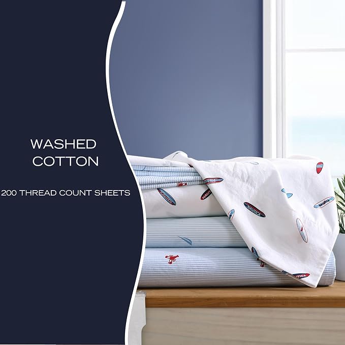 Nautica - King Sheets, Cotton Percale Bedding Set, Casual Bedding Set (Lobster Walk Red, King)