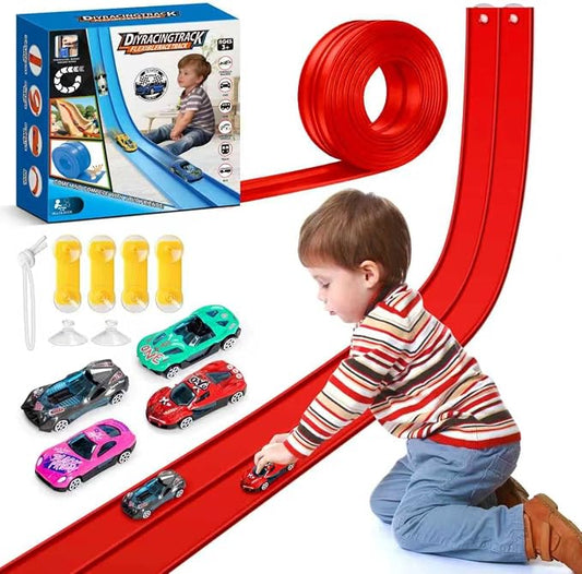 15Ft Flexible Race Car Track for Kids with Suction Cups Compatible with Diecast 1/64th Cars for Ages 3 & Up Blue Gray Orange Red Classic Long Rolls Up Portable Racetrack (Red)