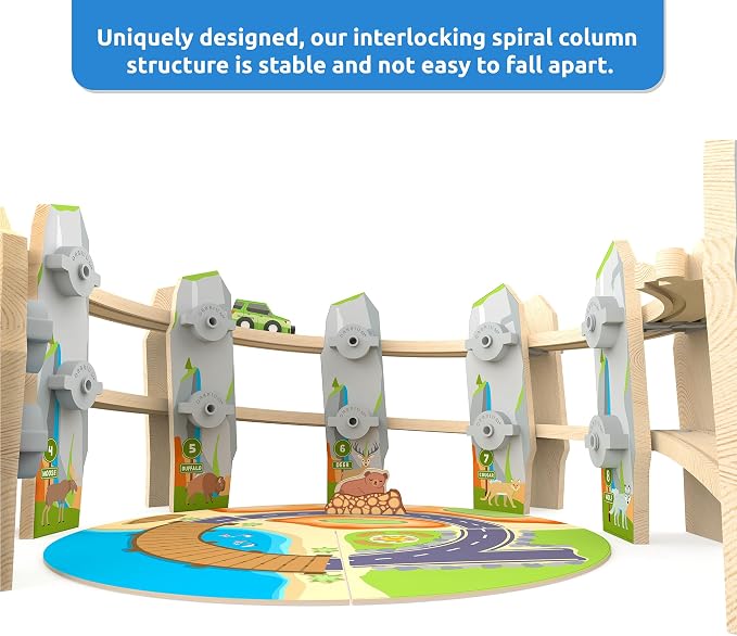 Wooden Train Set 141 Pc Build and Play Elevated Track System STEAM Accredited National Park Animal Railway Multi Level Spiral STEM Toy Gift for Grandkids Kids Toddlers Compatible Thomas Brio Railway