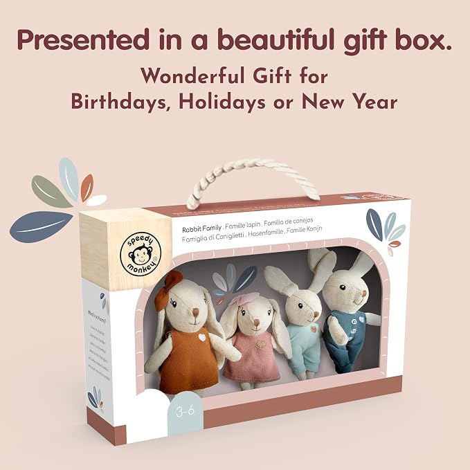 SPEEDY MONKEY Rabbit Family Set – Miniature Bunny Figures with Parents & 2 Baby Rabbits – Pretend Play Doll House Family for Kids, Toddlers, Girls – Cute Dollhouse Decor Toy