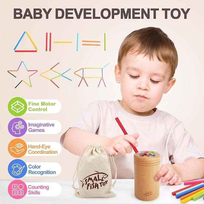 SMALL FISH Montessori Toys for 1 2 3 Year Old：Solid Wood Fine Motor Object Permanence Box for One Two Year Old Baby, Fidget Sensory Toys for Toddlers 1-3, Color Sorting Cause and Effect 12 Month Toys