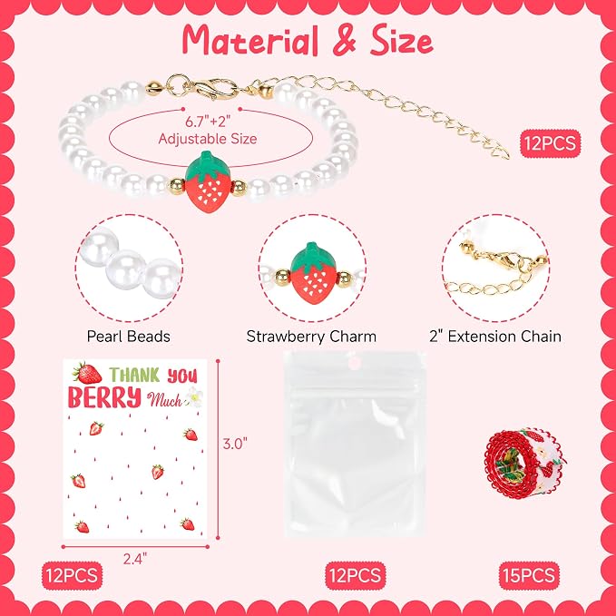 12 Pack Strawberry Party Favors - Red Bracelets with “Thank You Berry Much” Cards, Ribbons & Gift Bags, Strawberry Theme Party Goodie Bag Fillers