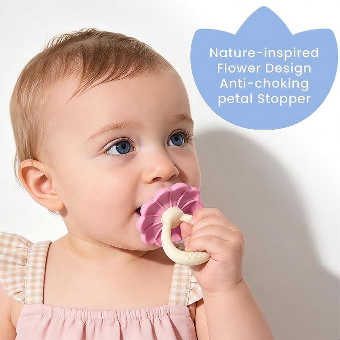 Baby Silicone Flower Teether Pacifier, Nipple-Shaped End Texture for Sucking Needs, Teething Relief, Chew Sensory Toys for Babies 0-6 6-12 Months, Hands-Free Design, BPA Free, Freezable -Pink