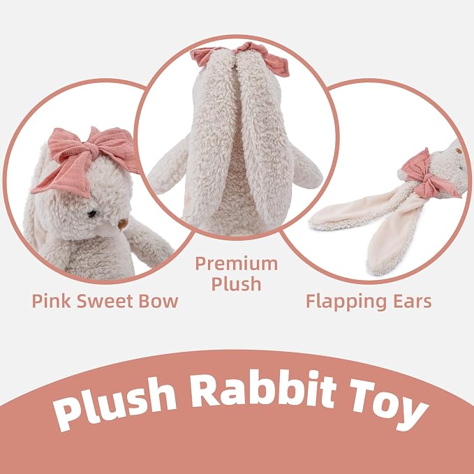 Bunny Stuffed Animal Soft Rabbit Cuddly Toy 10'' Long - Eared Plush Bunny with Pink Bow Plush Toys for Babies and Toddlers