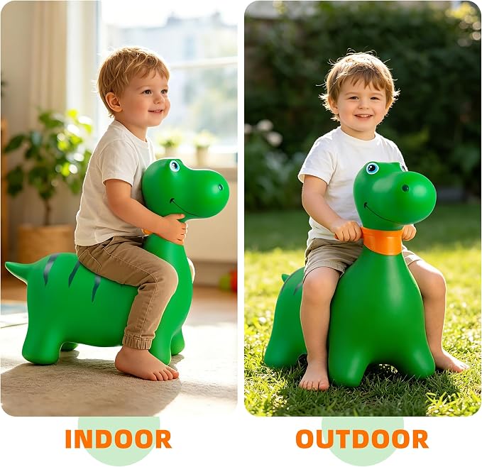 Bouncy Dinosaur Hopper Horse for Toddlers, Bouncy Animals Hopping Jumping Toys, Ride on Toys Indoor Outdoor Inflatable Birthday Gifts for Girls Boys 18 Months 2 3 4 5 6 Year Old, Green