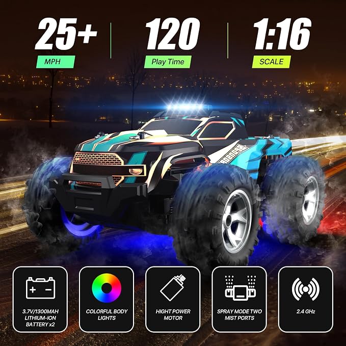 Remote Control Car for boys, 1:16 Scale All Terrain RC Cars,High Speed 25Km/h Fast Car with Colorful Led Light and spray, 2x1300mAh Rechargeable Battery RC Truck, Toy Car Gift for Teen Boys Girl Kids