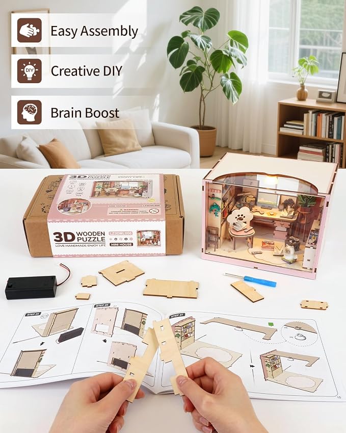 DIY Miniature House Kit-Study Room, 3D Wooden Puzzles with LED Light Tiny House Mini House Building Kit for Adults, Wooden Adults Crafts Birthday for Parents Friends