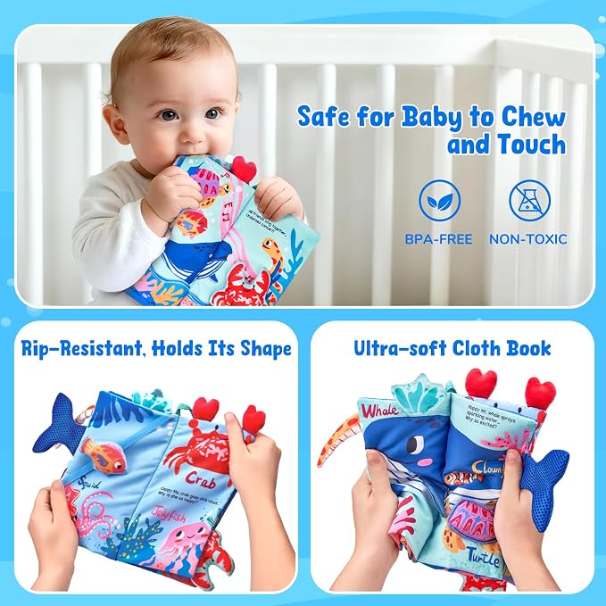 JoyCat Baby Books 0-6-12 Months - Ocean Tummy Time Toys Mirror - Montessori Sensory Activity Cloth Book with 3D Crab & Fish - Newborn Easter Basket Stuffers
