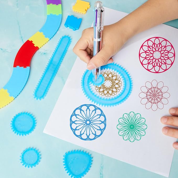 Chivao Spiral Art Kit Circle Stencils Drawing Tool Gear Geometric Ruler Circle Template Drawing Kit Plastic Spiral Curve Stencils with Pens Paper for Back to School Gifts DIY Crafts Sketch(Stylish)