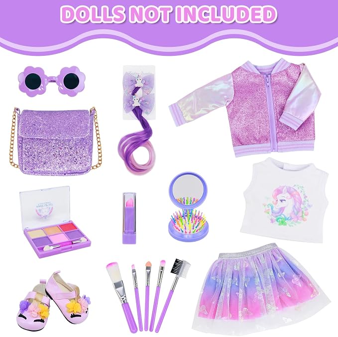 American 18 Inch Doll Clothes & Makeup Accessories Gift Set Includes Dress, Makeup Brush, Shoes, Bag, Haircomb, Eyeshadow, Lipstick, Wig, Hairpin, Sunglasses (Doll Not Included)