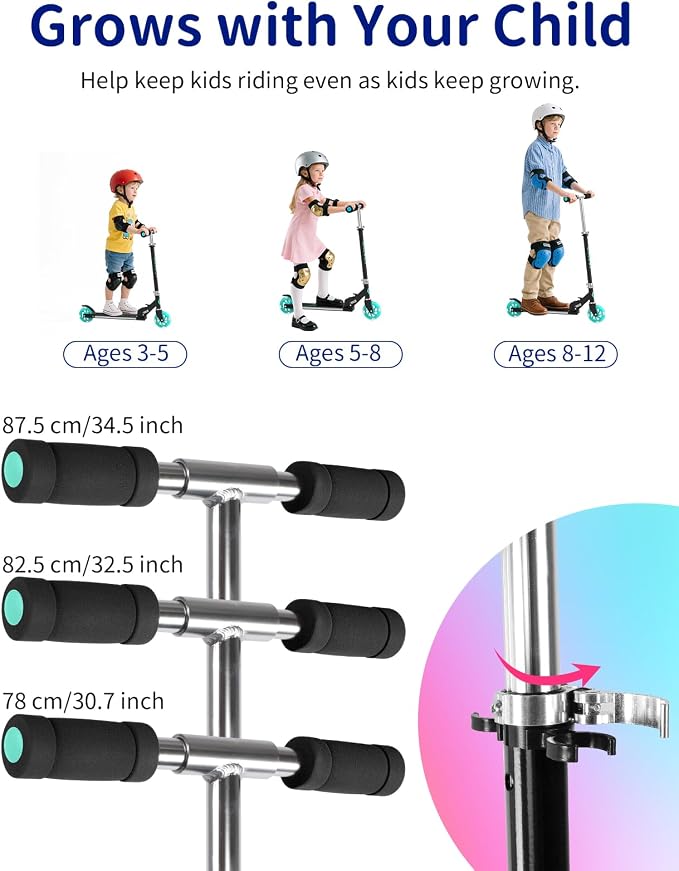 BELEEV V1 Scooters for Kids, 2 Wheel Folding Kick Scooter for Girls Boys, 3 Adjustable Height, Light Up Wheels, Lightweight Scooter with Sturdy Frame, Kickstand for Children 3 to 12 Years Old