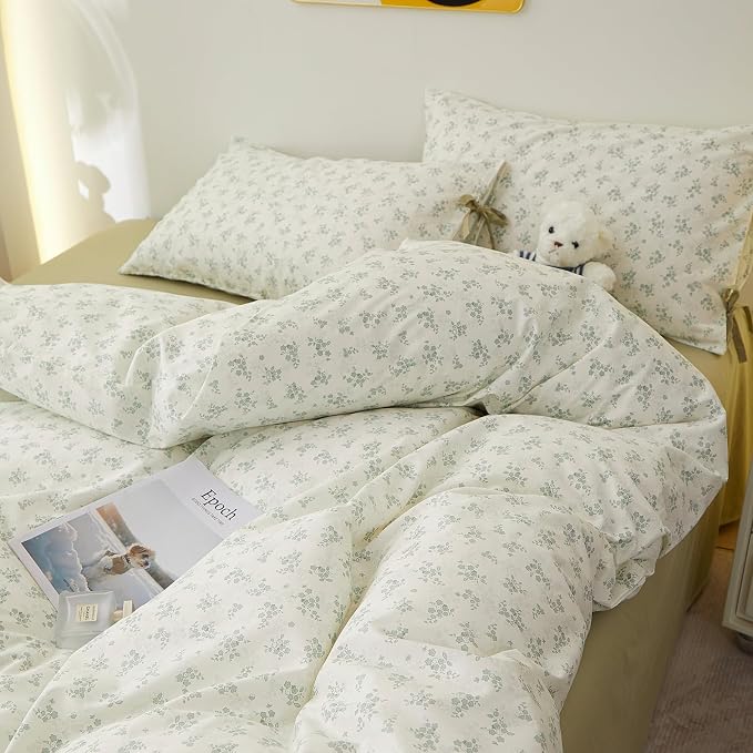 Full Size Comforter Set Vintage Floral Comforter Bedding Set, Aesthetic Coquette Botanical Green Flowers Comforter with 2 Bow Ties Pillowcases, Lightweight Cottagecore Comforter Set for All Season