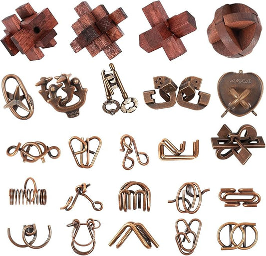 Brain Teaser Puzzles Set, Wooden & Metal 3D Unlock Interlock Game, Kongming Luban Lock Wire Disentanglement IQ Puzzle, Logic Challenge Educational Gift for Adults Teens Kids
