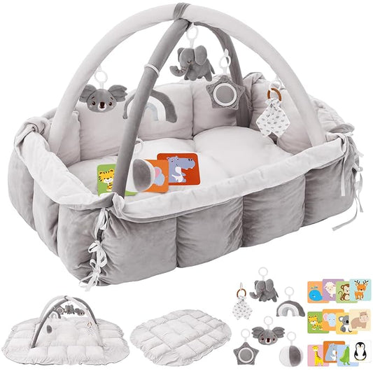 5-in-1 Plush Baby Play Gym, Baby Play Mats, Convertible Baby Gym, Tummy time mat, 6 Sensory Toys, Activity Center, Ball Pit, Grey