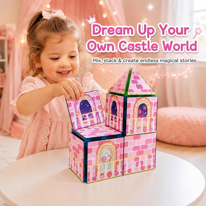 LATI Magnetic Tiles Princess Castle Building Toy for Kids, Double-Sided Magnetic Blocks for Day & Night Play, Open-Ended STEM Educational Toy, Compatible with Other Brands, Gift for Girls Ages 3–8