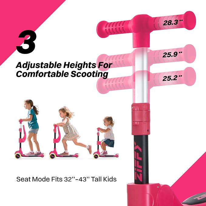 JOVA ZIFFY 2-in-1 Toddler Scooter with Seat, 3 Wheel Scooter for Kids 3-5 6-12, Foldable Light-Up Kid Scooters for Boy Girl 110 Lbs, Anti-Slip Deck, 3 Adjustable Height Handlebar, Kids Riding Toys