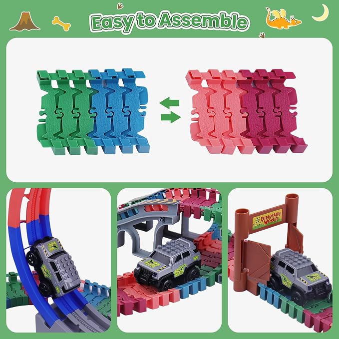 144 PCS Race Tracks Dinosaur Toys for Kids 3-5, Glow in The Dark Magic Toy Set, Flexible DIY Track Set, Birthday Gift for Age 3-9 Boys Toddler Girls,Create a Dinosaur Adventure World