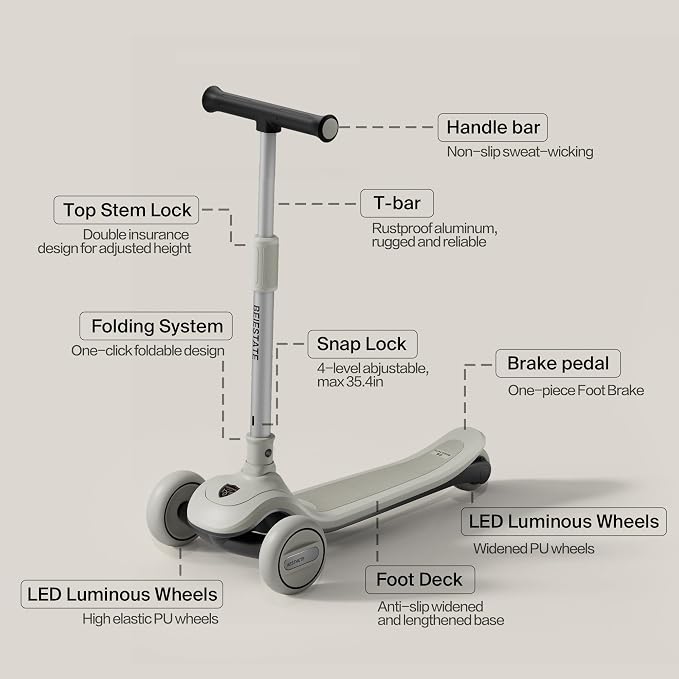 3 Wheel Scooter for Kids Ages 3-18, Up to 220 Lbs, Kids Scooter with Adjustable Lean-To-Steer Switch, Foldable, Lightweight, Wide Anti-Slip Deck, Adjustable Height Handlebar, Light-Up Wheels
