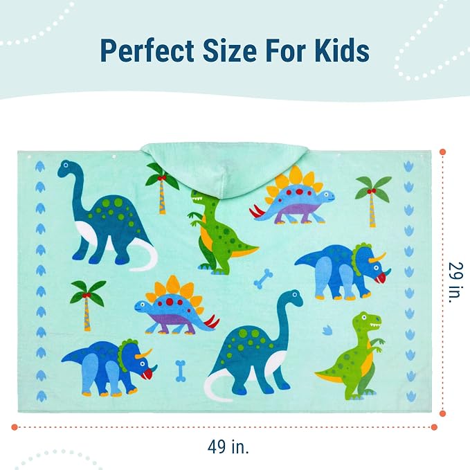 Wildkin Kids Hooded Beach Towel – 100% Cotton, Snap Front for Bath, Pool & Beach - Dinosaur Land