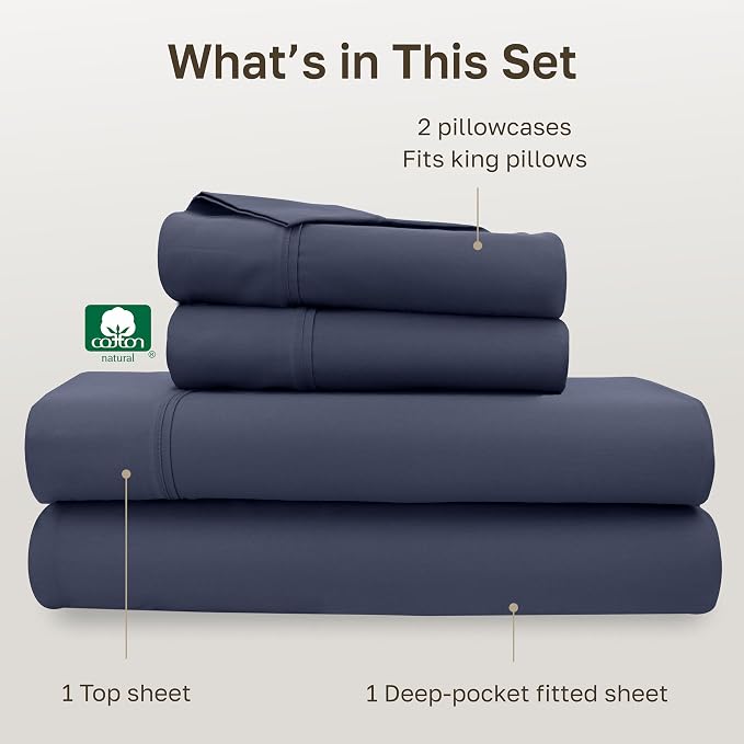 California Design Den Soft 100% Cotton King Size Bed Sheets Set, 400 TC Good Housekeeping Award Winner, Smooth Sateen Finish with Deep Pockets, Cozy and Durable King Bedding Set - Indigo Dusty Blue