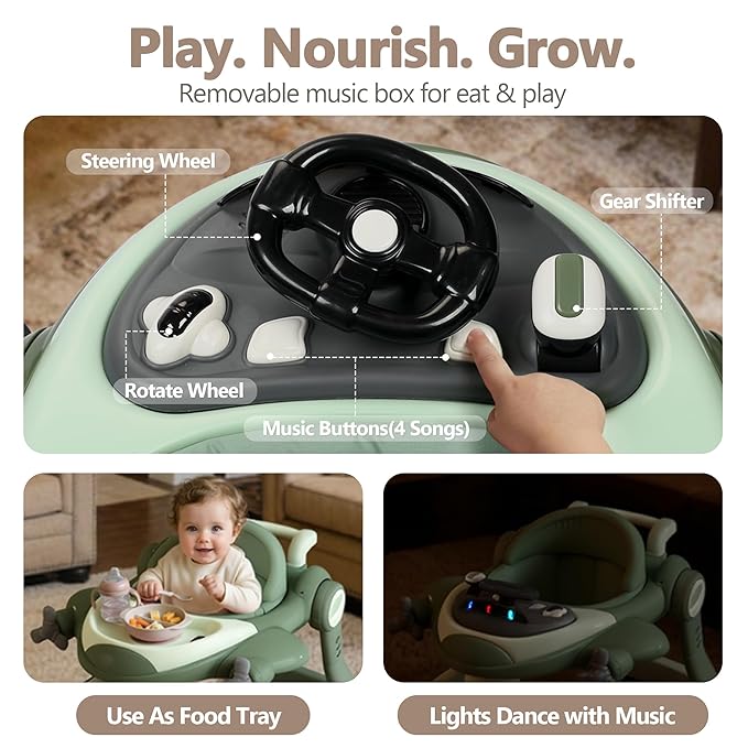 Kinder King 8-in-1 Baby Walker with Music & Lights, 3 Level Adjustable Height, Foldable Toddler Walker with Speed Adjustable Wheels, Easy to Clean, Baby Walkers for Boys & Girls 6-18 Months