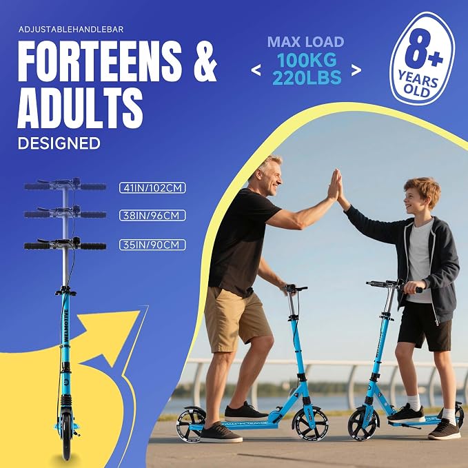 Kick Scooter for Kids Ages 8+ Teens & Adults, with Front handbrake and Rear Brake, and Adjustable Handlebars, Big Sturdy PU Flash Wheels Great Gift & Toy
