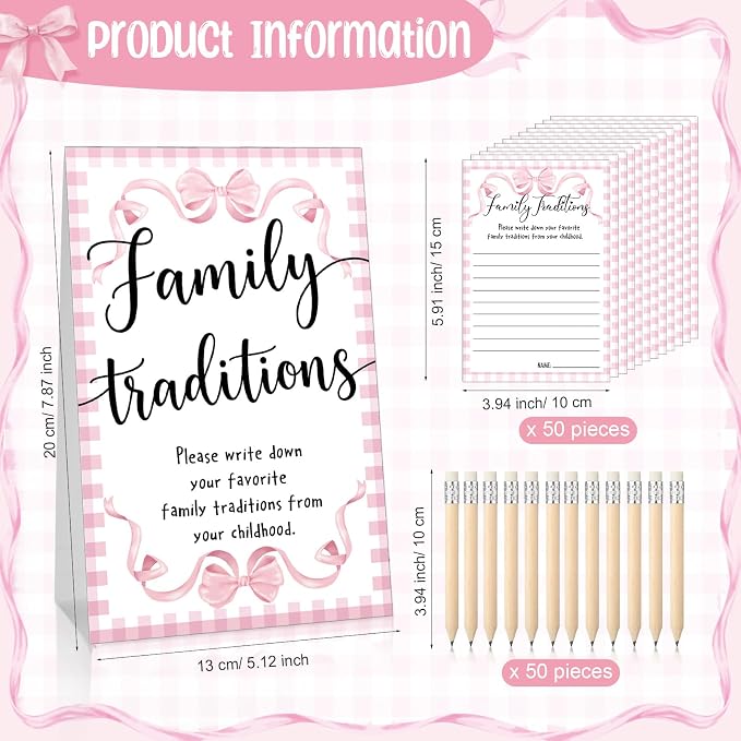 Fumete 61 Pieces Family Tradition Baby Shower Games Include 1 Family Traditions Standing Sign and 50 Activities Cards with 10 Pencils for Gender Reveal Bridal Shower Wedding(Pink,Bow)
