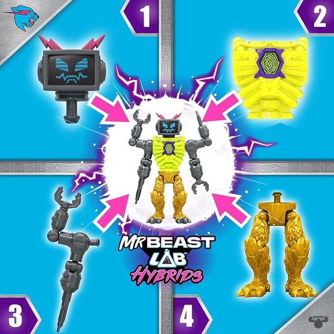 MrBeast Lab Hybrids Multi Pack, Reveal Different Hybrid Parts to Create 2 Mix & Match Action Figures, Plus Parts of The Golden Panther Dragon, Fuse Beast Combinations, Lab-Bot vs GID Skeleton