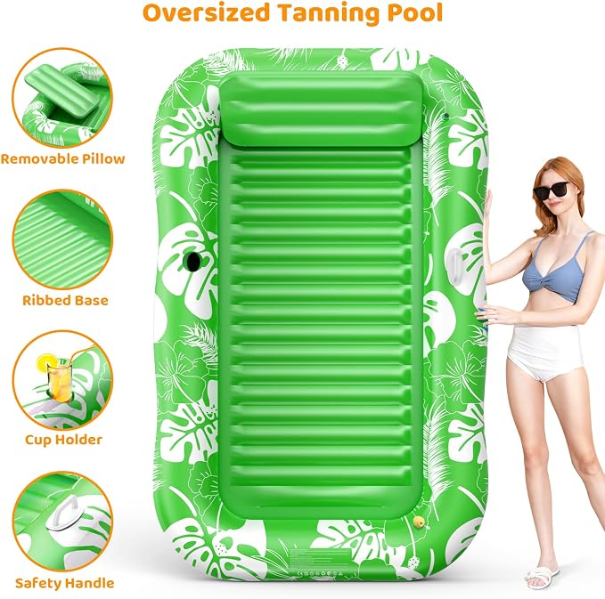 Inflatable Tanning Pool Lounger Float with Sprinkler, 77" x 48" Pool Floats Adult with Pillow, 6 in 1 Suntan Tub Raft Floatie with Drink Holder Sunbathing Water Lounge