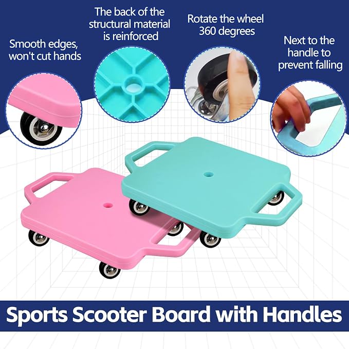 2 Pcs Sports Scooter Board with Handles Colored Floor Sitting Scooter Board with Plastic Casters for Kids Gym Indoor Outdoor Activities Play Equipment