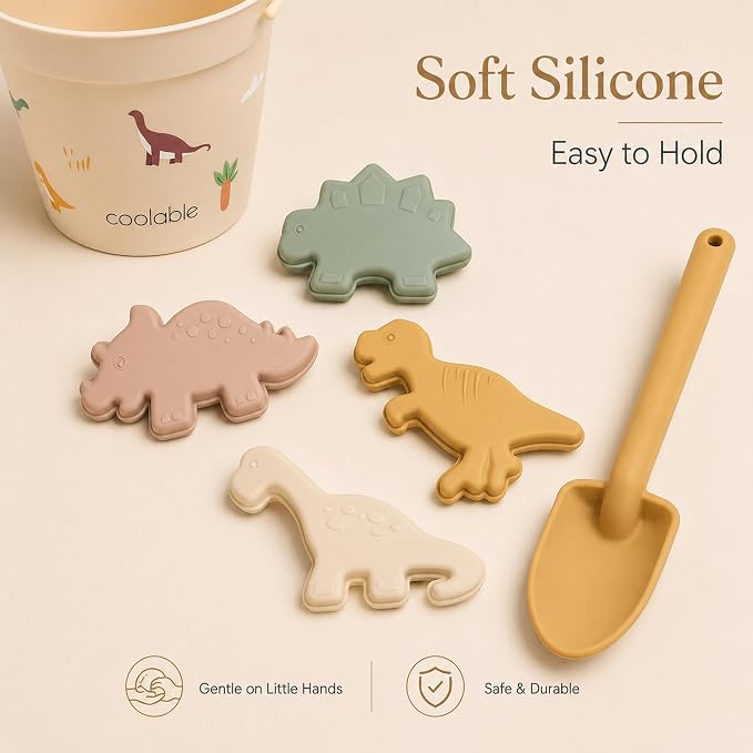 6-Piece Silicone Beach Toys Set for Kids - Foldable Sand Bucket, Shovel, 4 Sand Molds and Mesh Bag - Dinosaur World