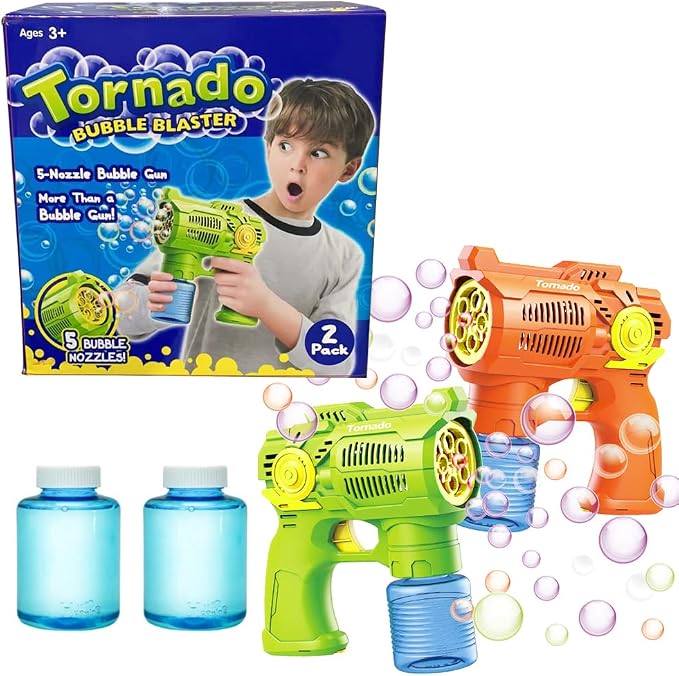 6-Pack Bubble Gun Set with Batteries – Automatic Bubble Blower Toys for Kids & Toddlers | 3 Green + 3 Orange Bubble Shooters with Solution Included | Outdoor Fun & Ready to Play