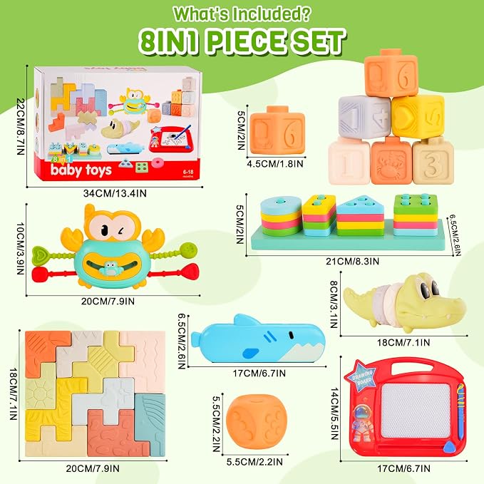 Montessori Baby Toys for 6-12 Months,Babies Travel Toy Set with Stacking Blocks, Pull Teether, Sensory Shape Sorter, Drawing Board & Harmonica, Infant Learning Gift for Toddler 1-3 Year Old