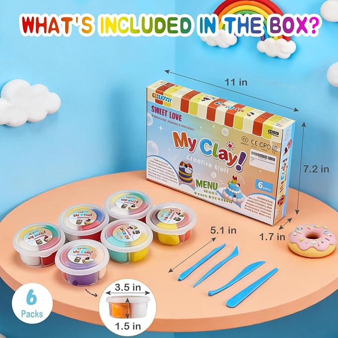 Dessert Clay Kit for Kids – 6 Sweet Treat Themes with Tools & Tutorial Cards | Cupcake Cookie Cake DIY | Soft Non-Sticky Air Dry Clay | Arts & Crafts Gift Ages 3+