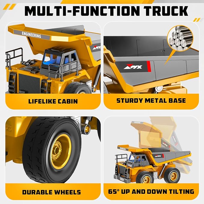 GraceDuck Remote Control Excavator and Dump Truck Toys Set, RC Construction Vehicles Toy with Alloy Bucket, Rock Breaker, Grapples, Lights and Sounds, Christmas Birthday Gifts for Boys Age 3+