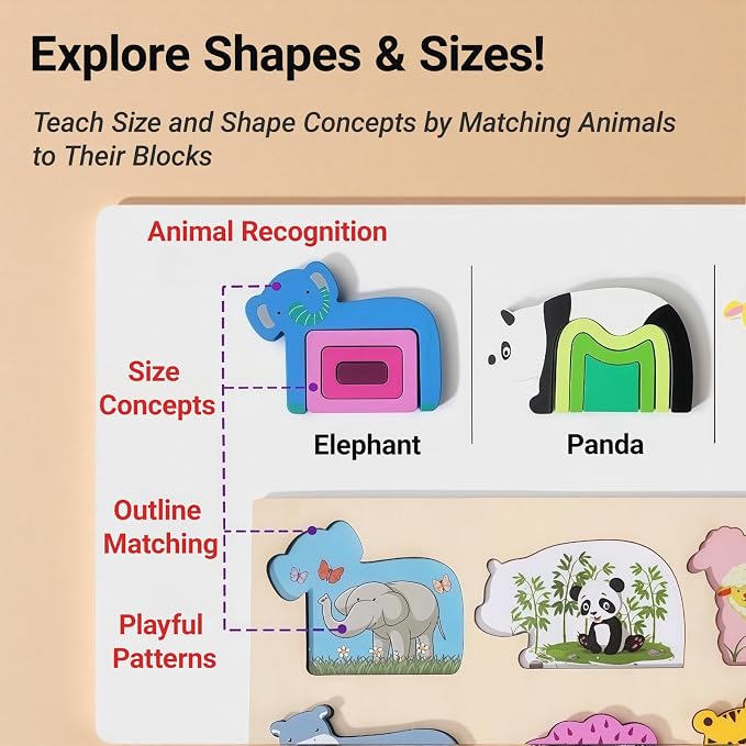 Montessori Wooden Stacking Puzzle Toys，Shape Sorter Toys with 6 Animals & Colors, Educational Preschool Learning Sorting Toy for Boys Girls